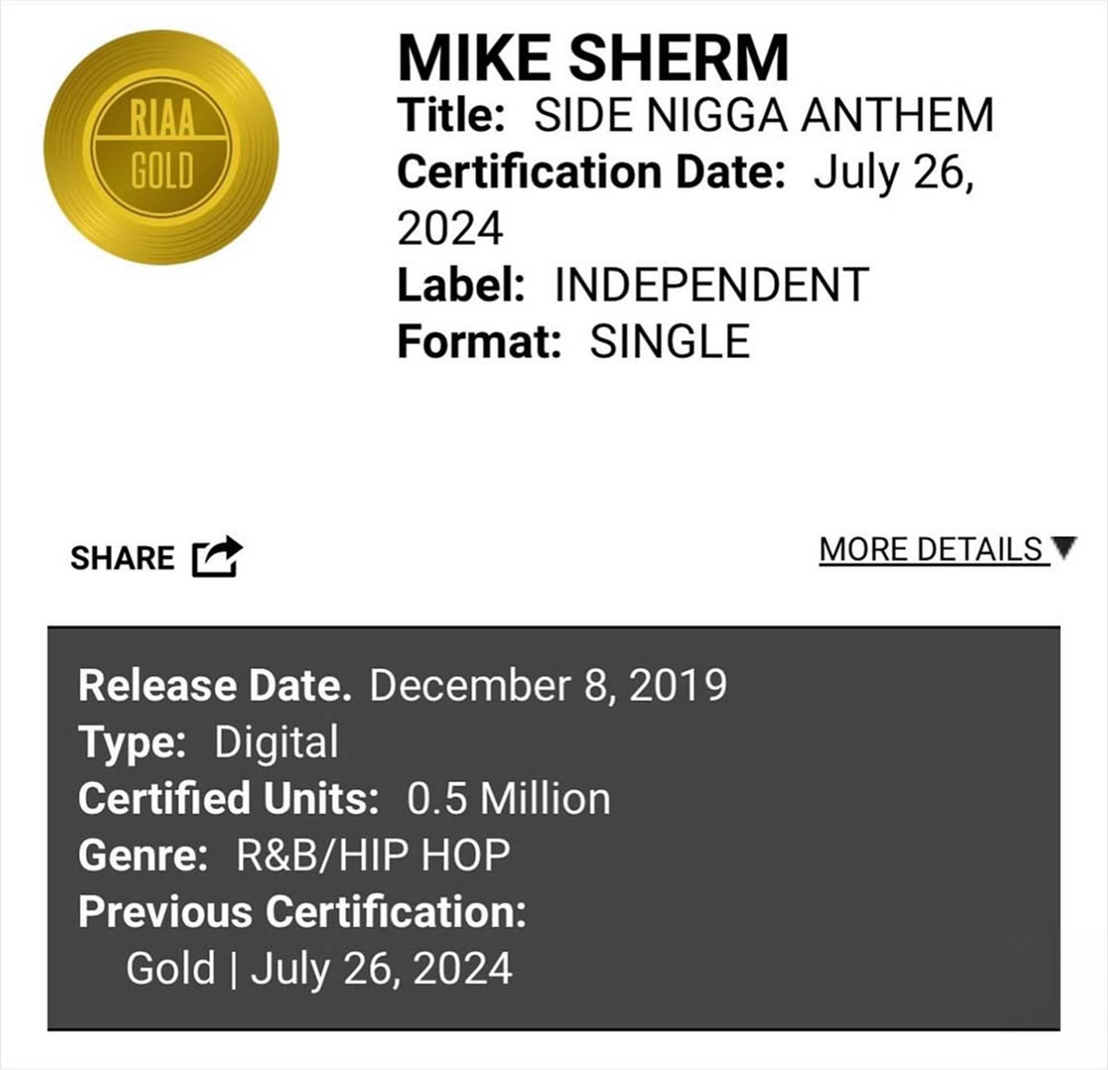 RIAA Gold certification — Mike Sherm Side Nigga Anthem